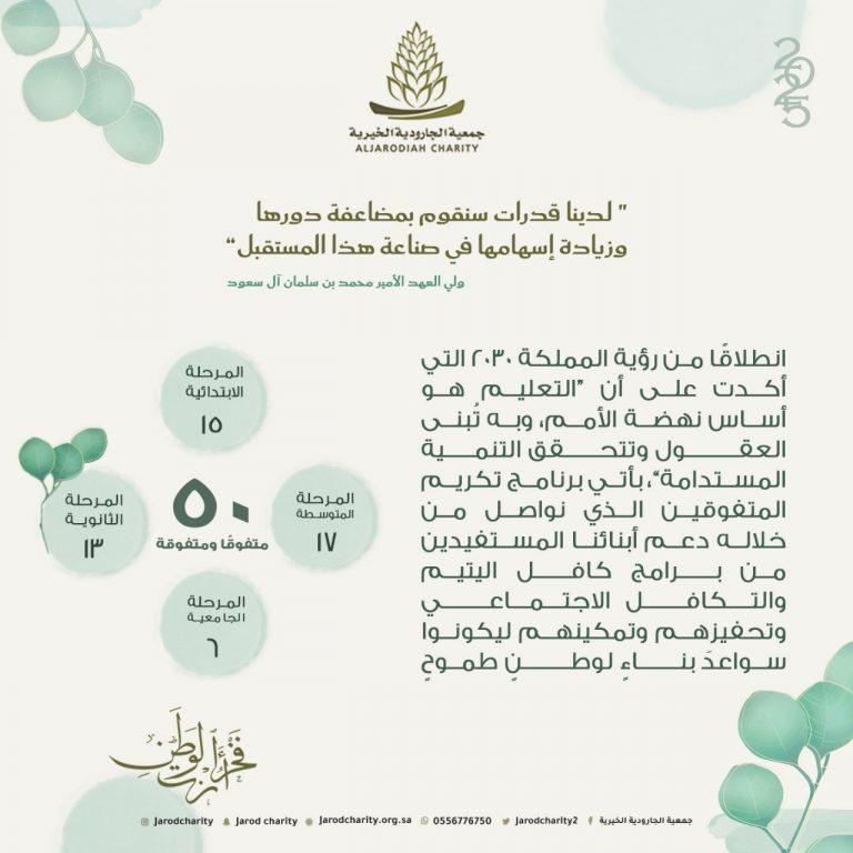 أنت فَخرُ الوَطَن؛ خيرية الجارودية تحتفي بأبنائها المتفوقين 🌸🍃