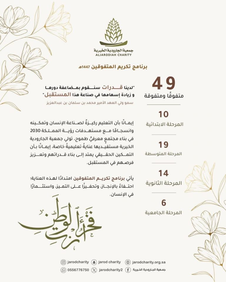 أنت فَخرُ الوَطَن؛ خيرية الجارودية تحتفي بأبنائها المتفوقين 🌸🍃
